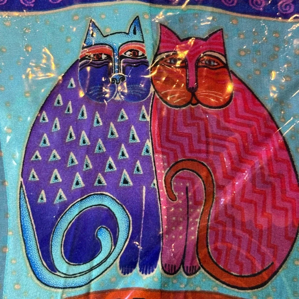 Laurel Burch Silk Art Scarf “Feline Collage” LBS171 Fringe NWT